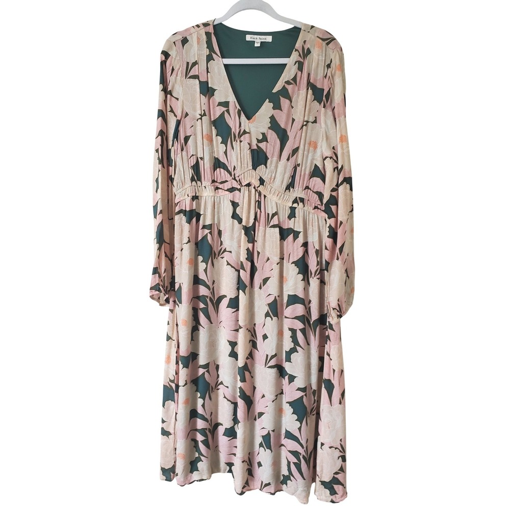 Black Daniel Rainn Green Pink Floral V-Neck Midi Dress XL Bohemian Elastic Waist